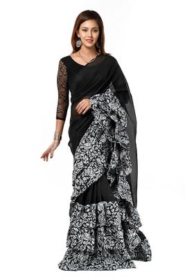 black digital print ruffal saree 2