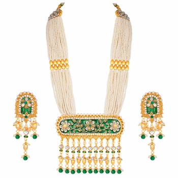 Gold Plated Kundan Pearl Multi Layered Green Meena Work Long Necklace & Earrings Set For Women  1