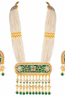 Gold Plated Kundan Pearl Multi Layered Green Meena Work Long Necklace & Earrings Set For Women 