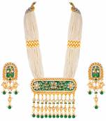 Gold Plated Kundan Pearl Multi Layered Green Meena Work Long Necklace & Earrings Set For Women 