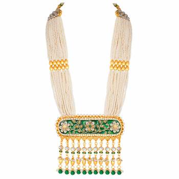 Gold Plated Kundan Pearl Multi Layered Green Meena Work Long Necklace & Earrings Set For Women  2