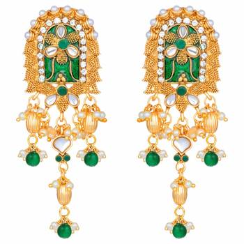 Gold Plated Kundan Pearl Multi Layered Green Meena Work Long Necklace & Earrings Set For Women  3