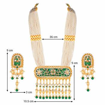 Gold Plated Kundan Pearl Multi Layered Green Meena Work Long Necklace & Earrings Set For Women  4