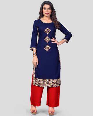 Blue & Red Patch Work Rayon Stitched Straight Women's Kurta With Palazzo Set 1