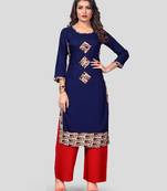 Blue & Red Patch Work Rayon Stitched Straight Women's Kurta With Palazzo Set
