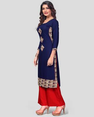 Blue & Red Patch Work Rayon Stitched Straight Women's Kurta With Palazzo Set 2