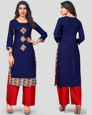 Blue & Red Patch Work Rayon Stitched Straight Women's Kurta With Palazzo Set 4
