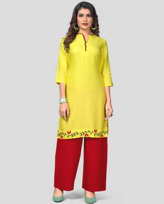 Yellow & Red Solid And Embroidered Rayon Stitched Straight Women's Kurta With Palazzo Set 1