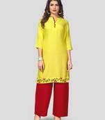 Yellow & Red Solid And Embroidered Rayon Stitched Straight Women's Kurta With Palazzo Set