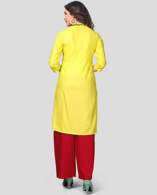 Yellow & Red Solid And Embroidered Rayon Stitched Straight Women's Kurta With Palazzo Set 2