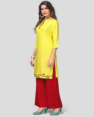 Yellow & Red Solid And Embroidered Rayon Stitched Straight Women's Kurta With Palazzo Set 3