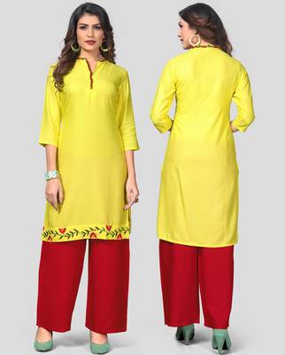 Yellow & Red Solid And Embroidered Rayon Stitched Straight Women's Kurta With Palazzo Set 5
