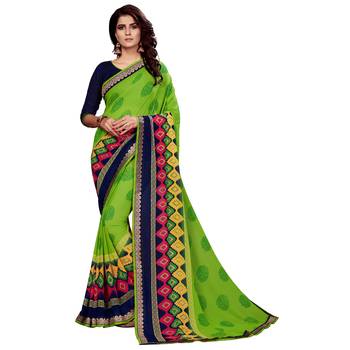 Green printed faux georgette saree with blouse 1
