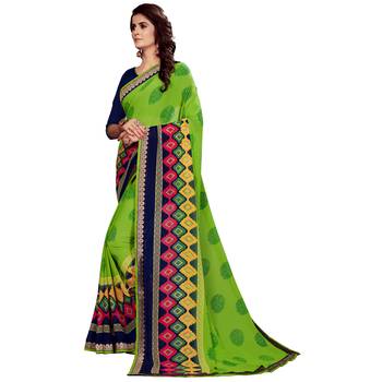 Green printed faux georgette saree with blouse 2