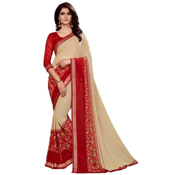 Beige printed faux georgette saree with blouse 1