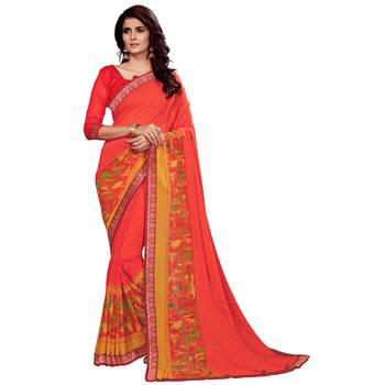 Orange printed faux georgette saree with blouse 1