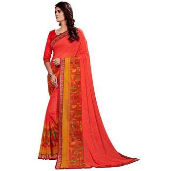Orange printed faux georgette saree with blouse 2