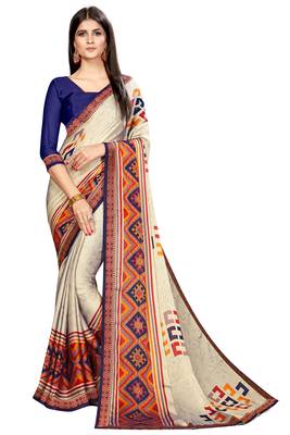 White printed chiffon saree with blouse 1