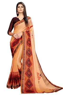 Beige printed chiffon saree with blouse 1