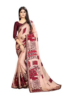 Light copper printed chiffon saree with blouse 1
