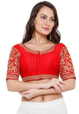 Women's Red Cotton Silk Readymade Free Size Saree Blouse 1