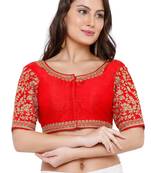 Women's Red Cotton Silk Readymade Free Size Saree Blouse