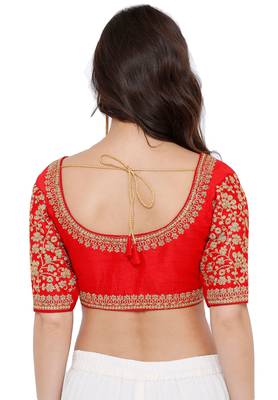 Women's Red Cotton Silk Readymade Free Size Saree Blouse 2