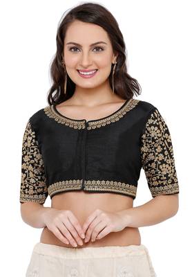 Women's Black Cotton Silk Readymade Free Size Saree Blouse 1