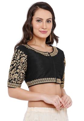 Women's Black Cotton Silk Readymade Free Size Saree Blouse 3