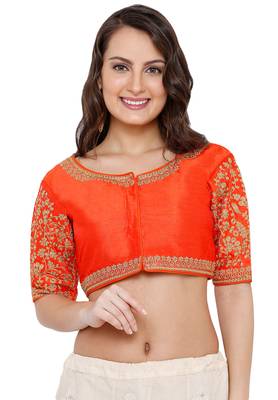 Women's Orange Cotton Silk Readymade Free Size Saree Blouse 1