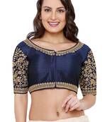 Women's Navy Blue Cotton Silk Readymade Free Size Saree Blouse