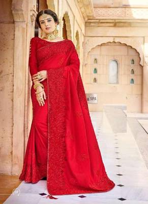 Red embroidered fancy fabric saree with blouse 1