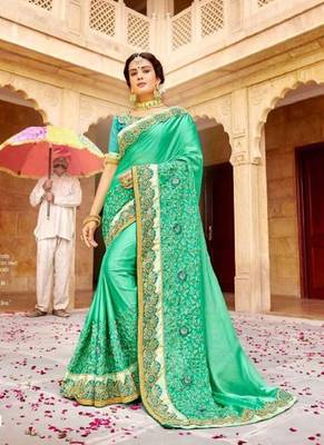   sea green embroidered fancy fabric saree with blouse 1