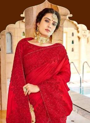 Red embroidered fancy fabric saree with blouse 2