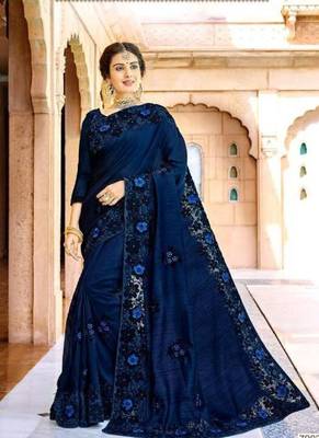   navy blue embroidered fancy fabric saree with blouse 1