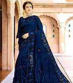   navy blue embroidered fancy fabric saree with blouse