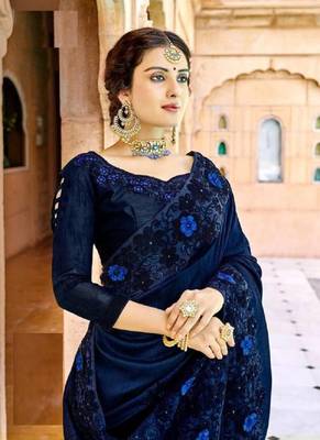   navy blue embroidered fancy fabric saree with blouse 2