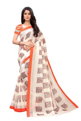 Orange printed linen saree with blouse 1