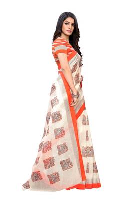Orange printed linen saree with blouse 3