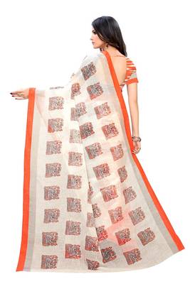 Orange printed linen saree with blouse 4