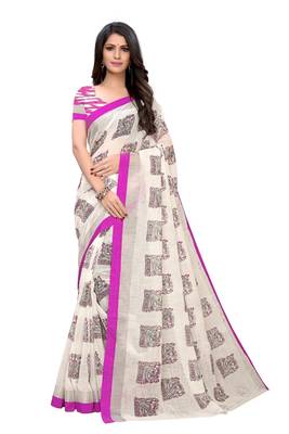Purple printed linen saree with blouse 1