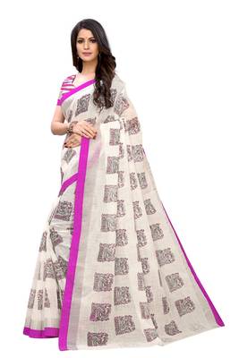 Purple printed linen saree with blouse 2