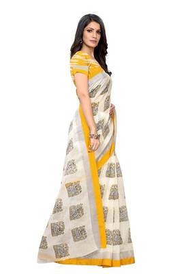 Yellow printed linen saree with blouse 3