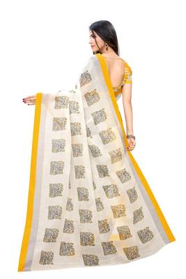 Yellow printed linen saree with blouse 5