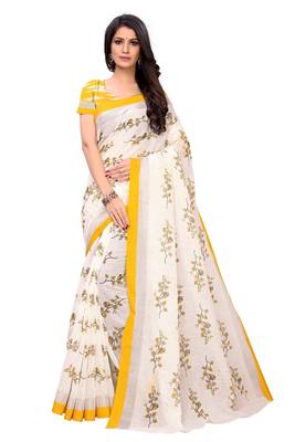 Yellow printed linen saree with blouse 1