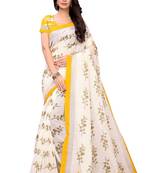 Yellow printed linen saree with blouse