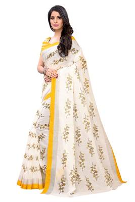 Yellow printed linen saree with blouse 2