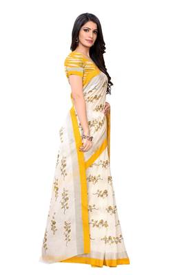 Yellow printed linen saree with blouse 3