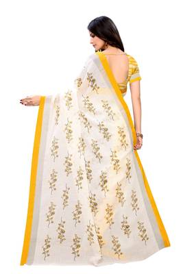 Yellow printed linen saree with blouse 4