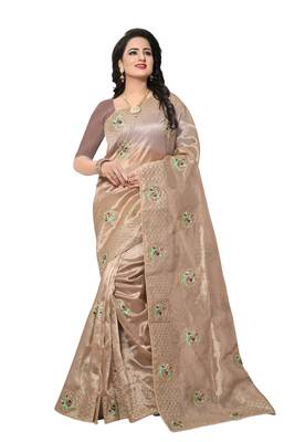 Beige embroidered silk saree with blouse 1